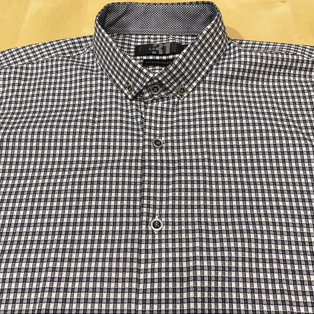 Button up, long sleeve dress shirt.